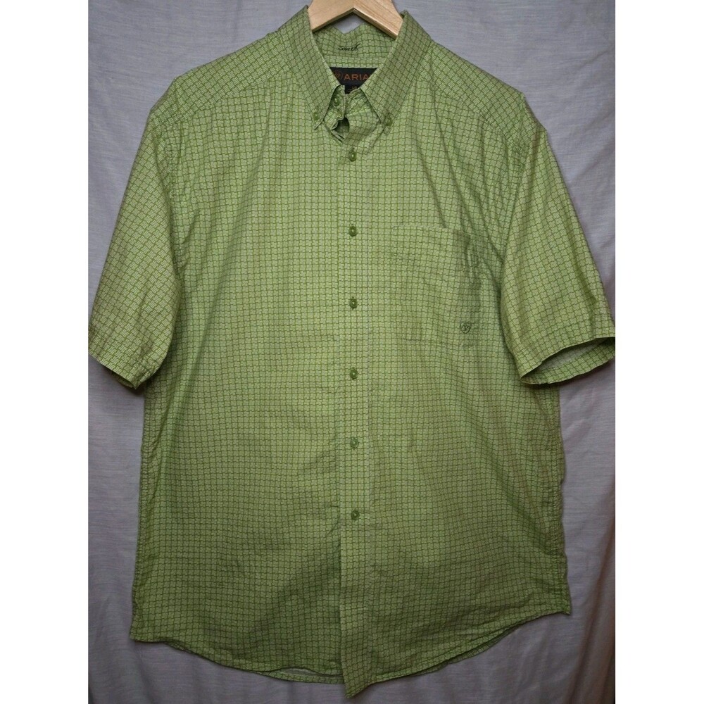 Ariat Short Sleeve Button Shirt Mens Lg, Green Geometric Cotton Western Ranch